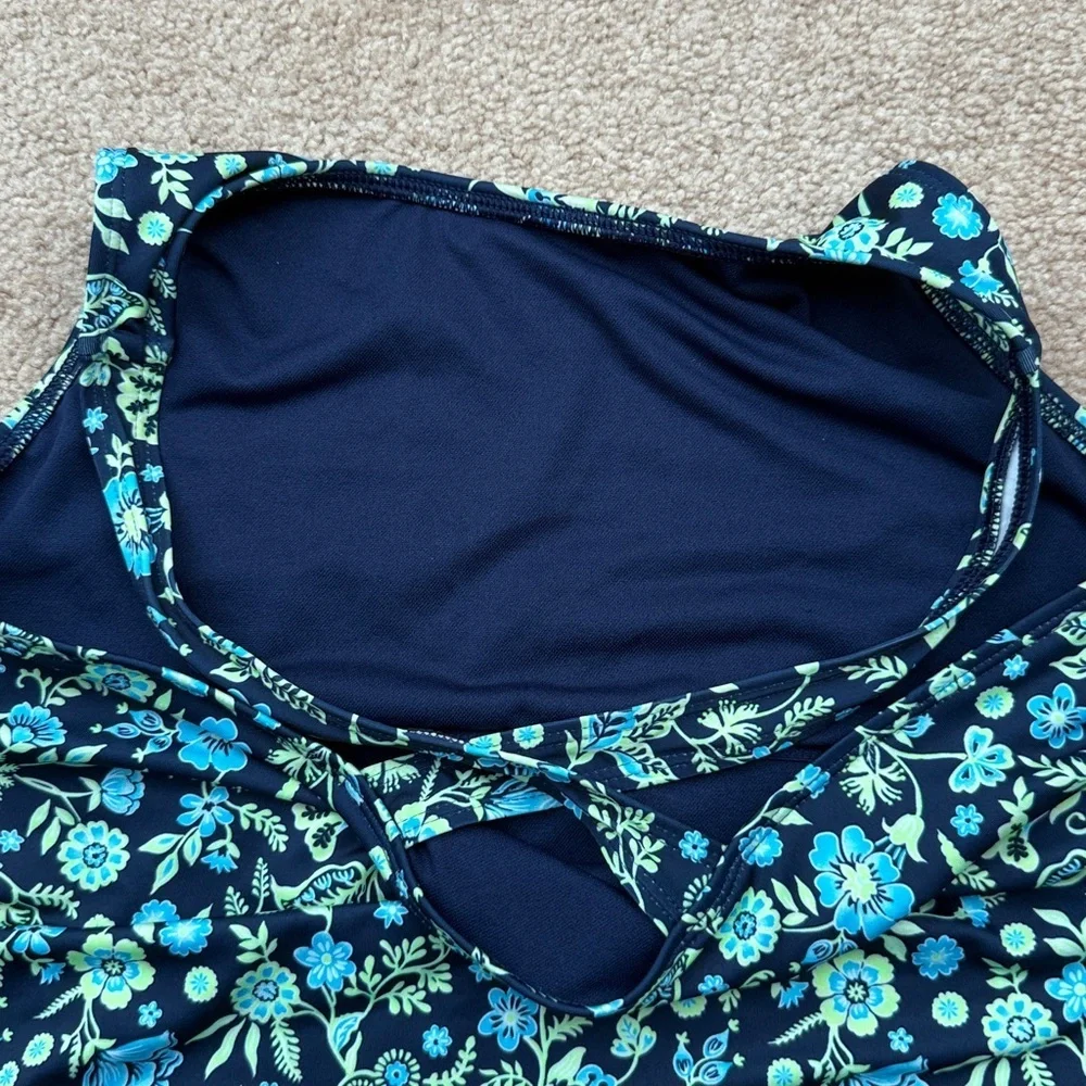 NWT Lands' End Girls High Neck Cross Strap Green Floral One Piece Swimsuit XL